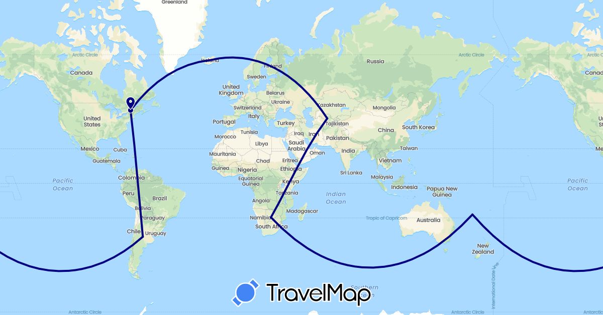 TravelMap itinerary: driving in Argentina, Botswana, Canada, France, Iceland, Uzbekistan (Africa, Asia, Europe, North America, South America)