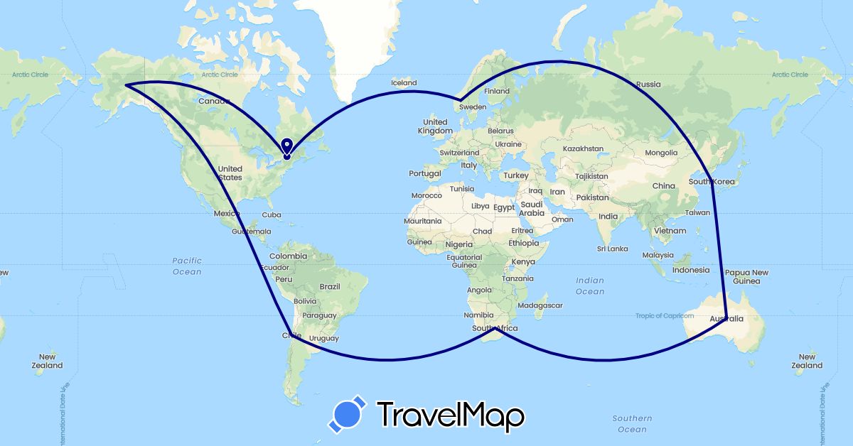 TravelMap itinerary: driving in Australia, Canada, Chile, South Korea, Norway, United States (Asia, Europe, North America, Oceania, South America)