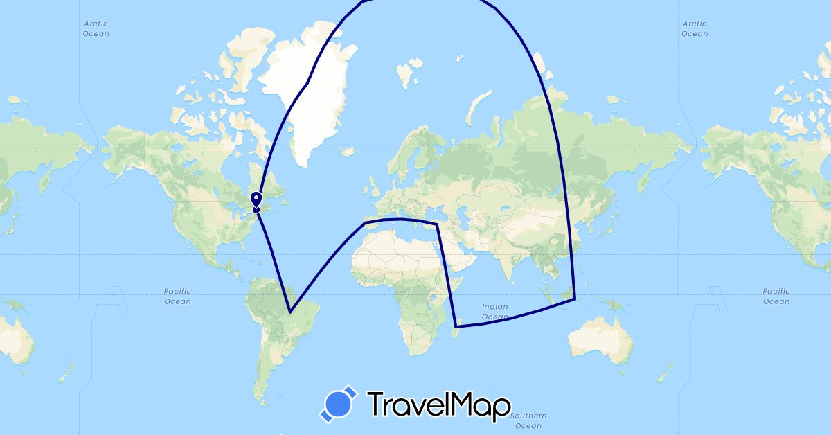 TravelMap itinerary: driving in Brazil, Canada, Greenland, Indonesia, Portugal, Turkey (Asia, Europe, North America, South America)